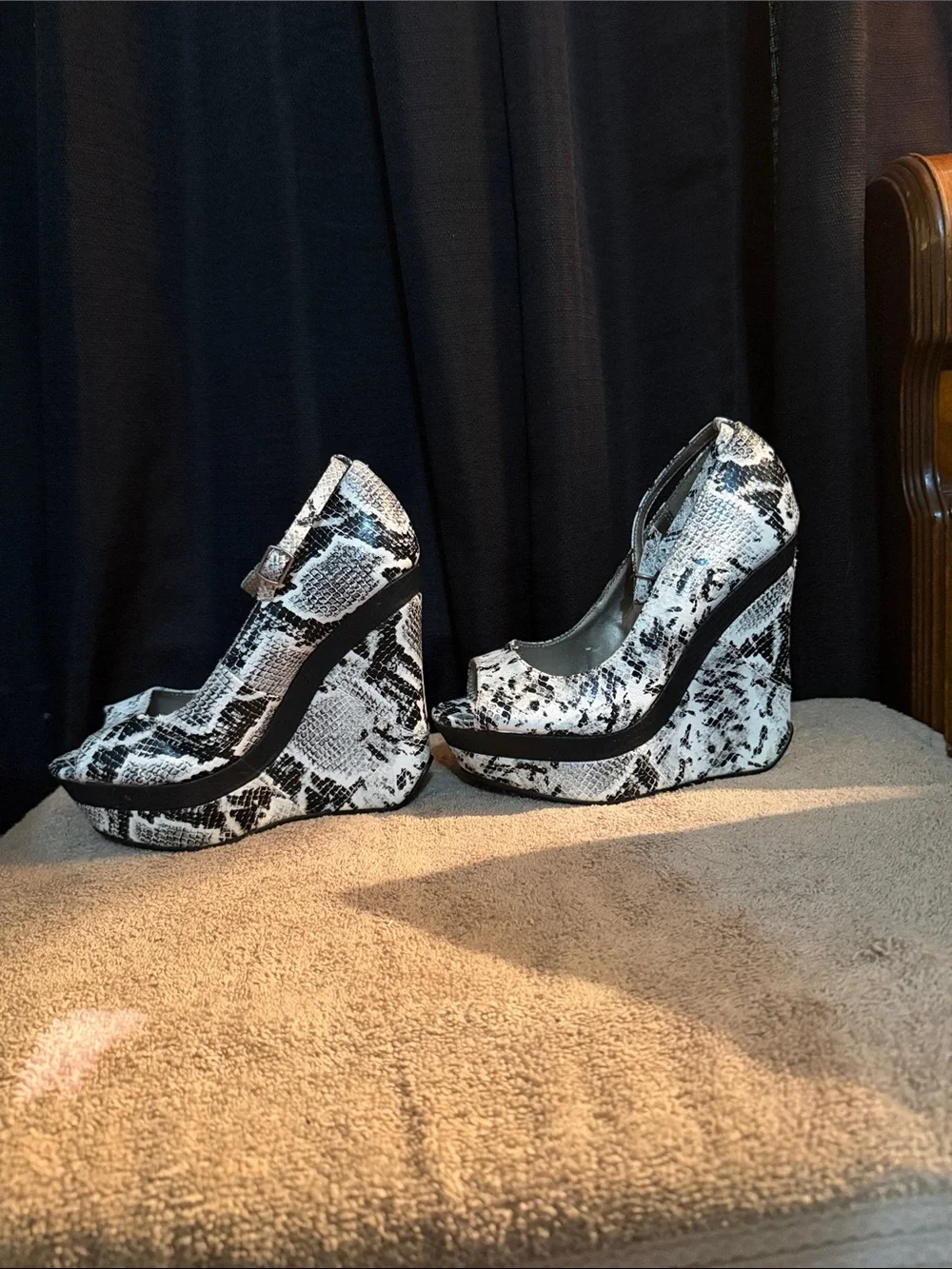 JustFab Snake-Print Platform Ankle-Strap Heels in Black & White